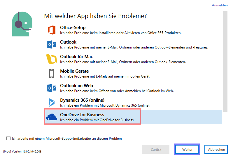 Beispiel: Fehlerbehebung in OneDrive